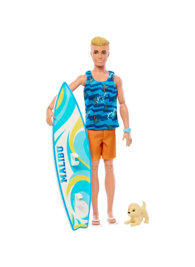 باربي Ken Doll with Surfboard and Pet Puppy, Poseable Blonde Barbie  Ken  Beach Doll with Themed Accessories like Towel
